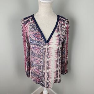 Lucky Brand Multi Color Boho Sheer Splice Neck Hi Low Hem Shirt Size XS